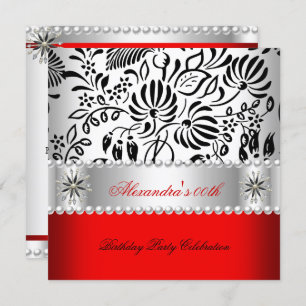 Elegant Red Black White Damask Pearl Party Kaart