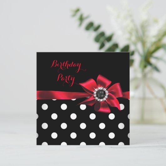 Elegant Red Black White Polka Dots Birthday Party Kaart (Staand voorkant)