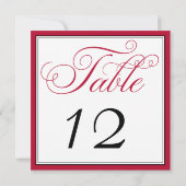 Elegant Red Black & White Script Table Number Kaar Kaart (Achterkant)