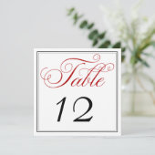 Elegant Red Black & White Script Table Number Kaar Kaart (Staand voorkant)
