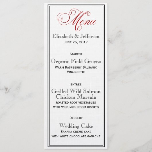 Elegant Red Black & White Script Wedding Menu Kaar (Voorkant)
