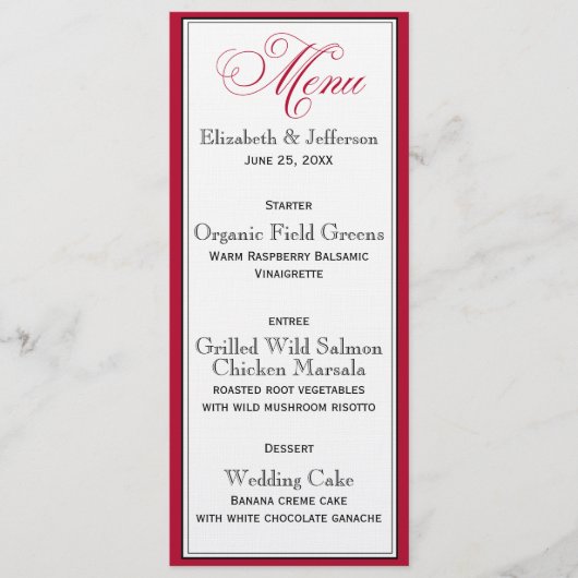 Elegant Red Black & White Script Wedding Menu Kaar (Voorkant)