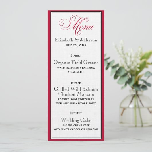Elegant Red Black & White Script Wedding Menu Kaar (Staand voorkant)