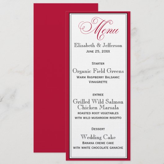 Elegant Red Black & White Script Wedding Menu Kaar (Voorkant / Achterkant)