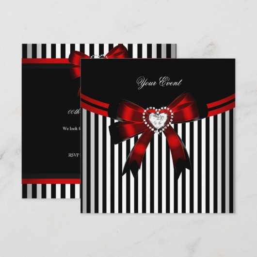 Elegant Red Black White Stripe Birthday Party Kaart (Voorkant / Achterkant)
