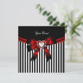 Elegant Red Black White Stripe Birthday Party Kaart (Staand voorkant)