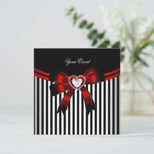 Elegant Red Black White Stripe Birthday Party Kaart (Staand voorkant)