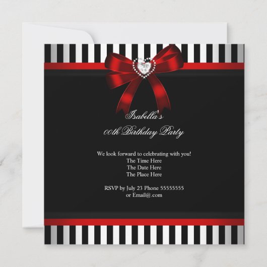 Elegant Red Black White Stripe Birthday Party Kaart (Achterkant)