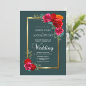 Elegant Red Blauwgroen Gold Floral Wedding Kaart (Staand voorkant)