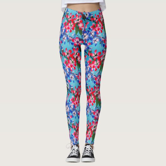 Elegant Red Blue en White Flower Leggings (Voorkant)