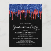 Elegant Red Blue Glitter Drip Patriottic Afstudere Uitnodiging Briefkaart (Voorkant)