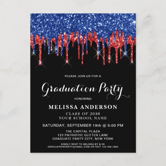 Elegant Red Blue Glitter Drip Patriottic Afstudere Uitnodiging Briefkaart (Voorkant)