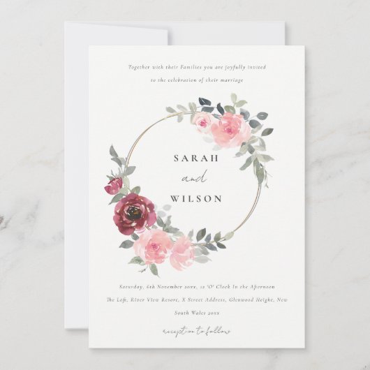 ELEGANT RED BLUSH BURGUNDY FLORAL WEDDING INVITE BEDANKKAART (Voorkant)