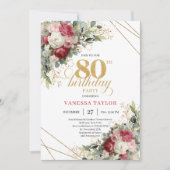 Elegant Red Blush Floral 80th Birthday Invite Kaart (Voorkant)