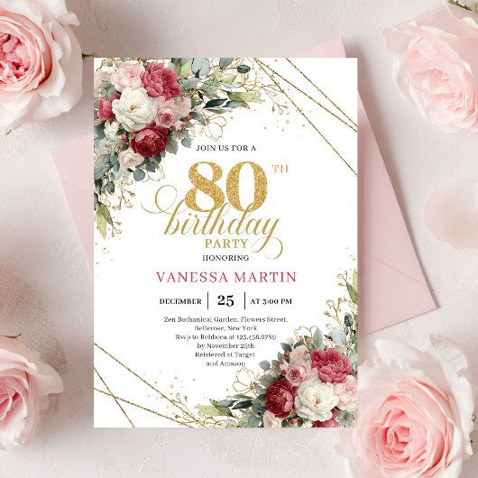 Elegant Red Blush Floral 80th Birthday Invite Kaart