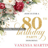 Elegant Red Blush Floral 80th Birthday Invite Kaart