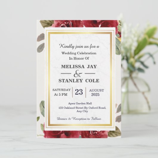 Elegant Red Blush Pink Floral Waterverf Weddenscha Kaart (Staand voorkant)