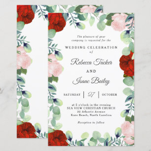 Elegant Red Blush Roos Greenery Wedding Invitation