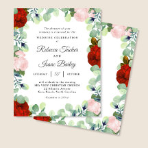 Elegant Red Blush Roos Greenery Wedding Invitation