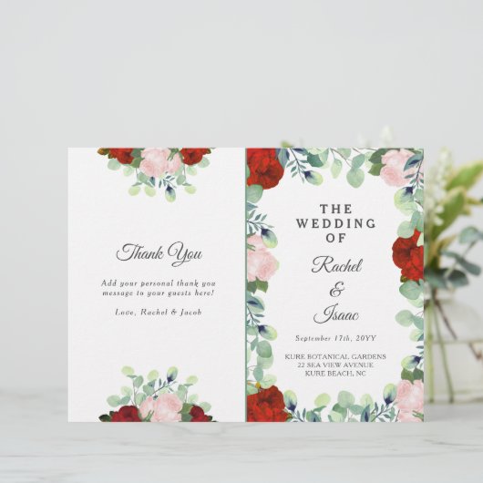 Elegant Red Blush Rozen Greenery Wedding Folded (Staand voorkant)