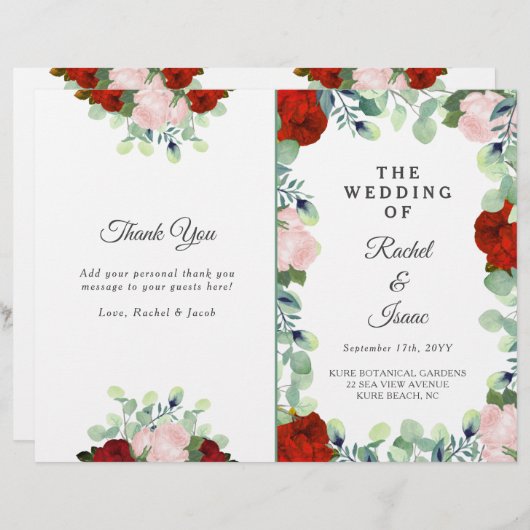 Elegant Red Blush Rozen Greenery Wedding Folded (Voorkant / Achterkant)