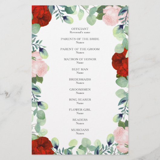 Elegant Red Blush Rozen Greenery Wedding Program (Achterkant)