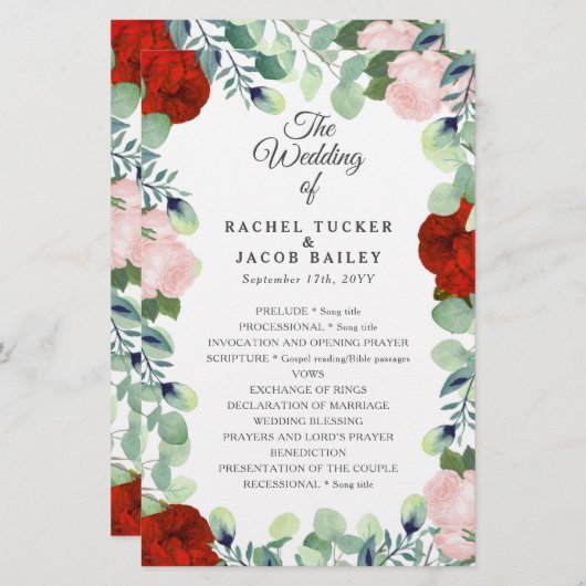Elegant Red Blush Rozen Greenery Wedding Program (Voorkant / Achterkant)