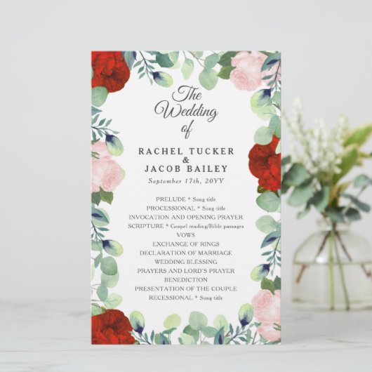 Elegant Red Blush Rozen Greenery Wedding Program (Staand voorkant)