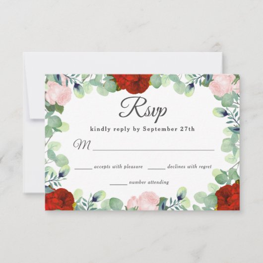 Elegant Red Blush Rozen Greenery Wedding RSVP Kaartje (Voorkant)