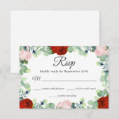 Elegant Red Blush Rozen Greenery Wedding RSVP Kaartje (Voorkant / Achterkant)