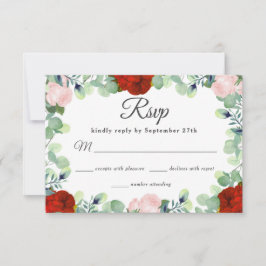 Elegant Red Blush Rozen Greenery Wedding RSVP Kaartje