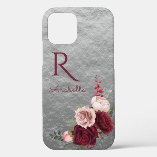 Elegant Red Blush Rozen met monogram op grijs Case-Mate iPhone Case (Achterkant)