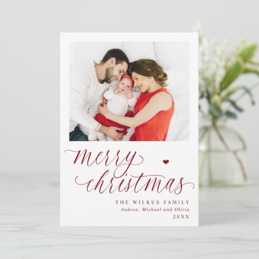 Elegant Red Botanical Merry 1 Photo Christmas Feestdagenkaart (Staand voorkant)