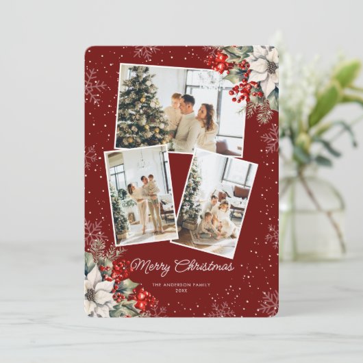 Elegant Red Botanical Photo Christmas Card Feestdagenkaart (Staand voorkant)