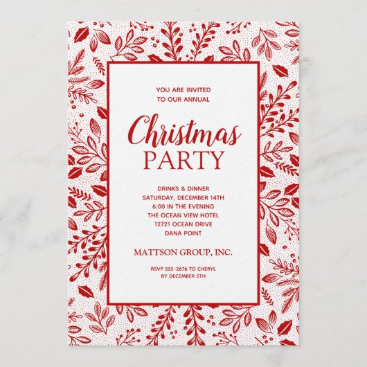 Elegant Red Botanicals Christmas Party Kaart (Voorkant)