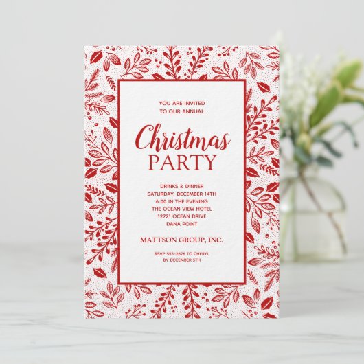 Elegant Red Botanicals Christmas Party Kaart (Staand voorkant)