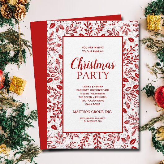 Elegant Red Botanicals Christmas Party Kaart
