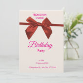 Elegant Red Bow Birthday Invitation  Kaart (Staand voorkant)