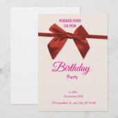 Elegant Red Bow Birthday Invitation  Kaart (Voorkant / Achterkant)