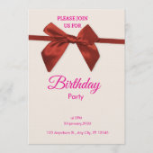 Elegant Red Bow Birthday Invitation  Kaart (Voorkant)