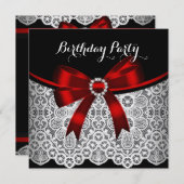 Elegant Red Bow Black Lace White Birthday Party 2 Kaart (Voorkant / Achterkant)