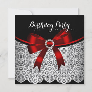 Elegant Red Bow Black Lace White Birthday Party 2 Kaart