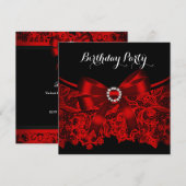 Elegant Red Bow Black Lace White Birthday Party 4 Kaart (Voorkant / Achterkant)
