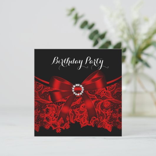 Elegant Red Bow Black Lace White Birthday Party 4 Kaart (Staand voorkant)