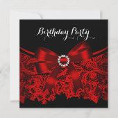 Elegant Red Bow Black Lace White Birthday Party 4 Kaart (Voorkant)