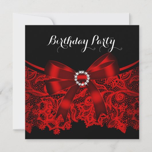 Elegant Red Bow Black Lace White Birthday Party 4 Kaart (Voorkant)