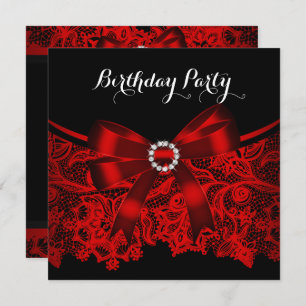 Elegant Red Bow Black Lace White Birthday Party 4 Kaart