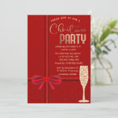 Elegant Red Bow, Champagne Glass Kerstbedrijf Kaart (Staand voorkant)