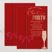 Elegant Red Bow, Champagne Glass Kerstbedrijf Kaart (Voorkant / Achterkant)