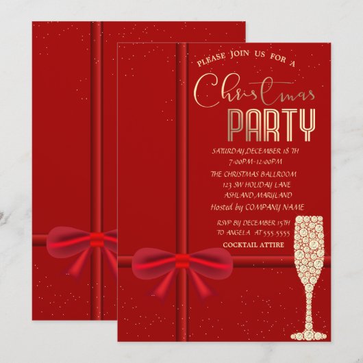 Elegant Red Bow, Champagne Glass Kerstbedrijf Kaart (Voorkant / Achterkant)